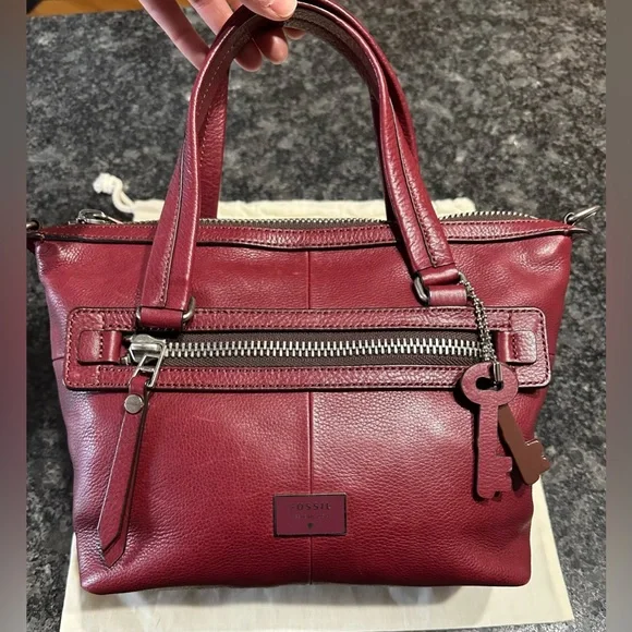 Fossil Deep Burgundy Leather Satchel Handbag - Picture 2 of 7